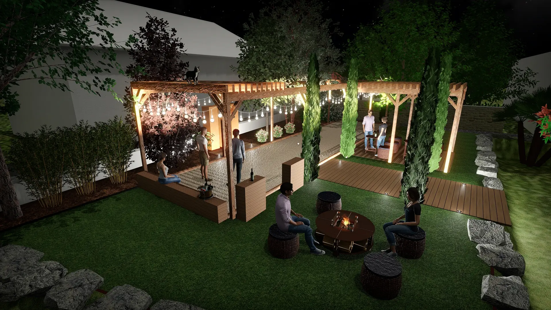 Visuel 3D d'ambiance nocturne jardin particulier sur une proposition d'aménagement conviviale autour d'un terrain de pétanque