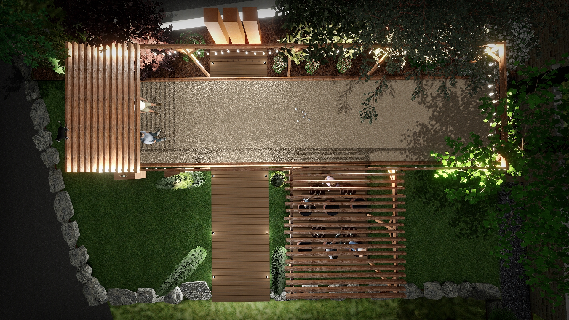 Visuel 3D d'ambiance nocturne jardin particulier sur une proposition d'aménagement conviviale autour d'un terrain de pétanque